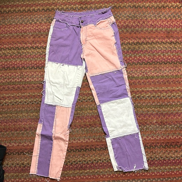 Denim - PINK PURPLE & WHITE PATCHWORK STRETCH JEANS